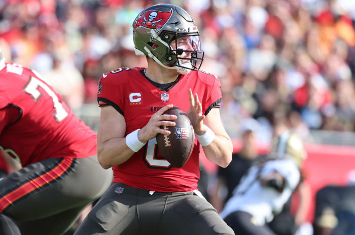 Dec 31, 2023; Tampa, Florida, USA; Tampa Bay Buccaneers quarterback Baker Mayfield (6) drops back against the New Orleans Saints during the first half at Raymond James Stadium. Mandatory Credit: Kim Klement Neitzel-USA TODAY Sports